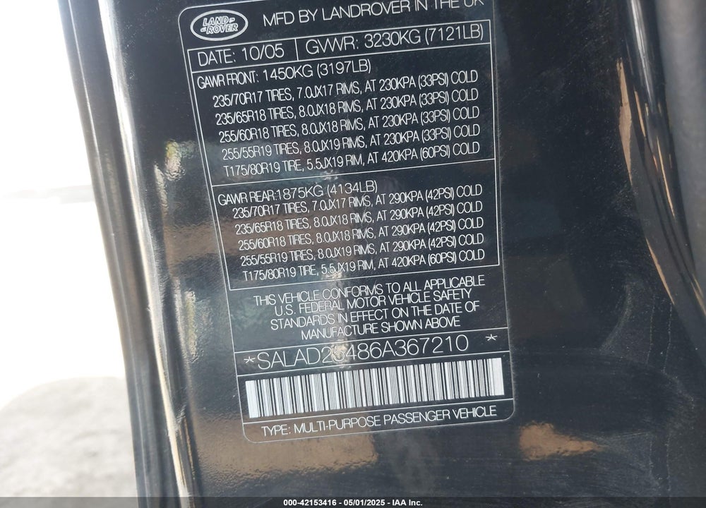 2006 LAND ROVER LR3 VIN: SALAD25486A367210