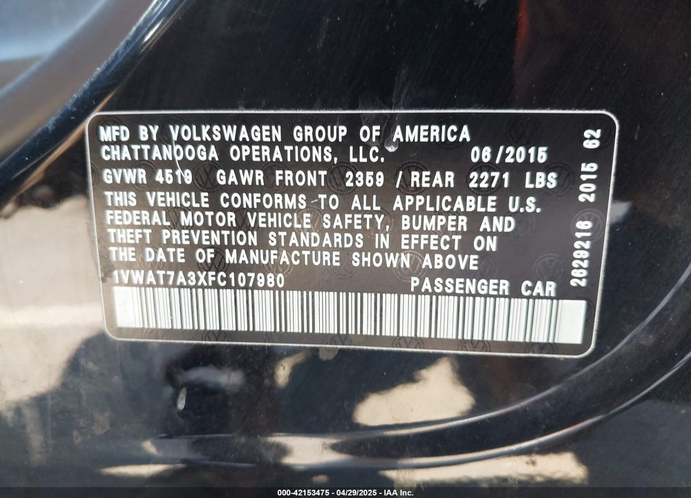 2015 VOLKSWAGEN PASSAT 1.8T LIMITED EDITION VIN: 1VWAT7A3XFC107980