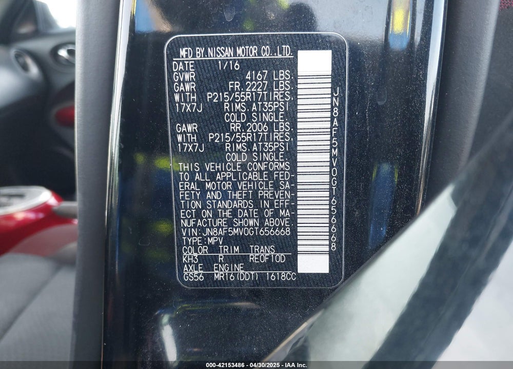 2016 NISSAN JUKE VIN: JN8AF5MV0GT656668