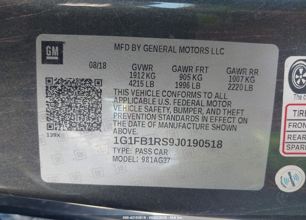2018 CHEVROLET CAMARO 1LT VIN: 1G1FB1RS9J0190518