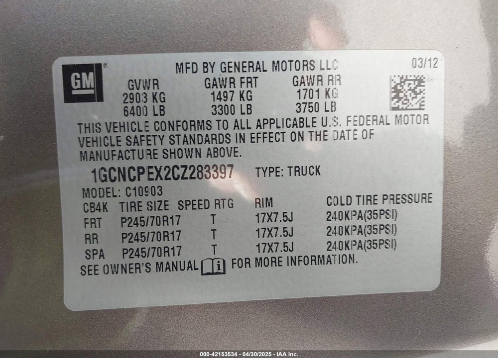 2012 CHEVROLET SILVERADO 1500 WORK TRUCK VIN: 1GCNCPEX2CZ283397