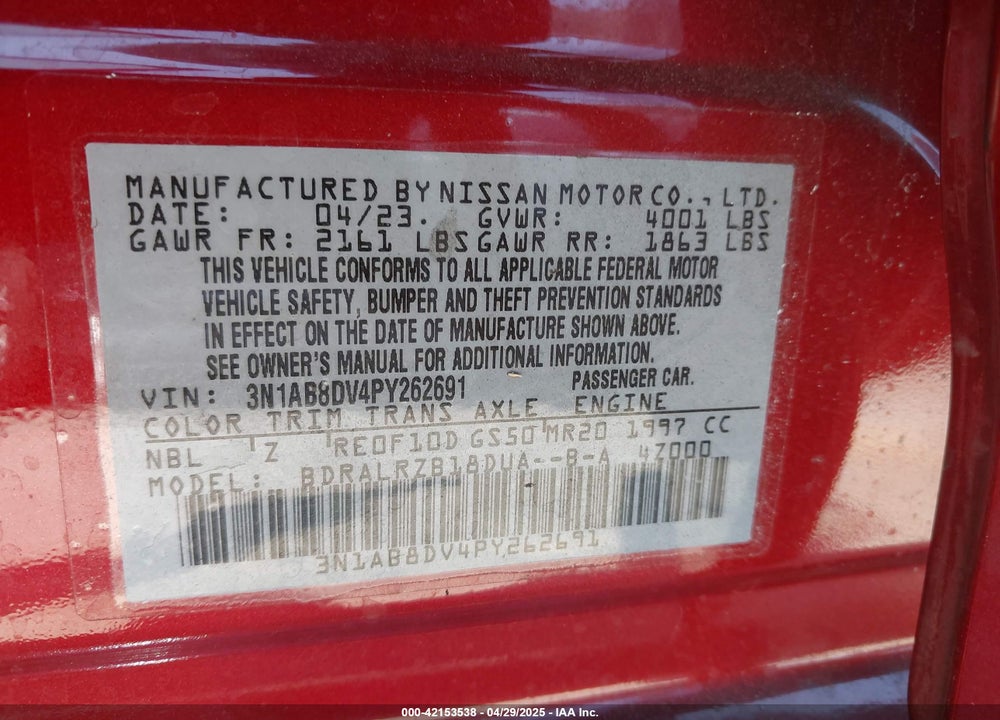 2023 NISSAN SENTRA SR XTRONIC CVT VIN: 3N1AB8DV4PY262691