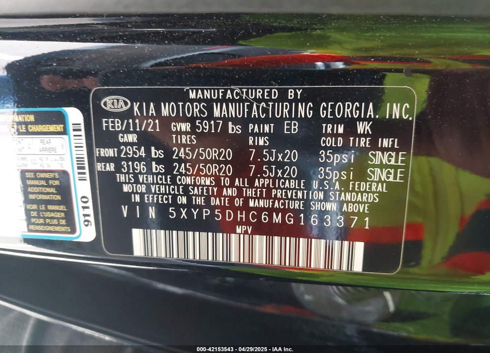 2021 KIA TELLURIDE VIN: 5XYP5DHC6MG163371