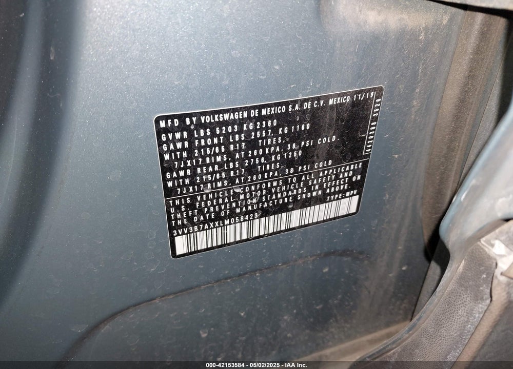 2020 VOLKSWAGEN TIGUAN VIN: 3VV3B7AXXLM058423