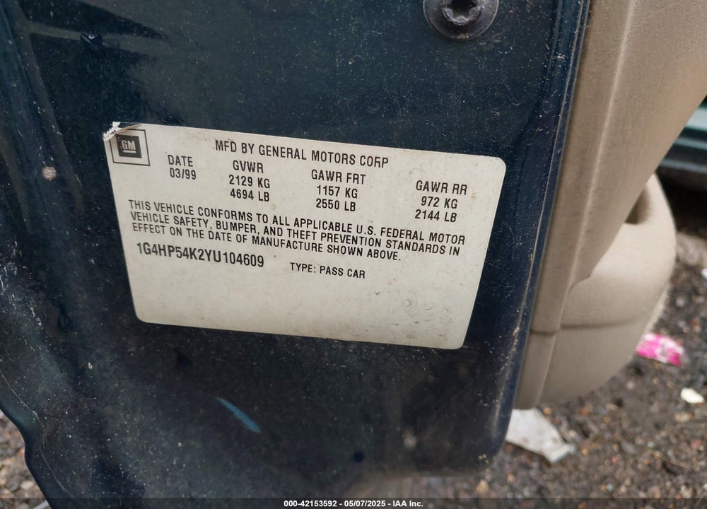2000 BUICK LESABRE CUSTOM VIN: 1G4HP54K2YU104609