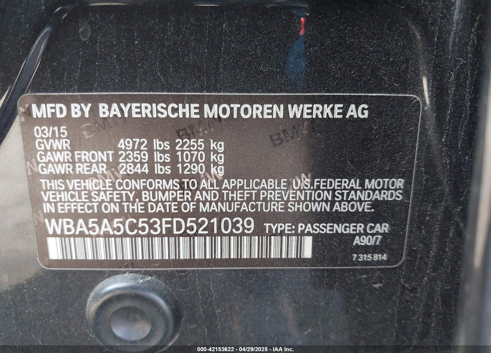 2015 BMW 528I VIN: WBA5A5C53FD521039