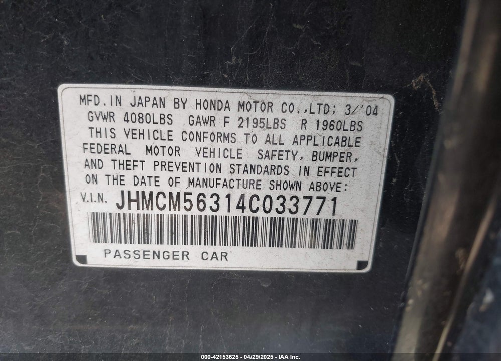 2004 HONDA ACCORD VIN: JHMCM56314C033771