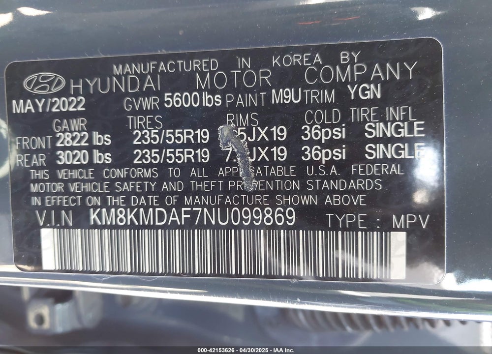 2022 HYUNDAI IONIQ 5 SE VIN: KM8KMDAF7NU099869