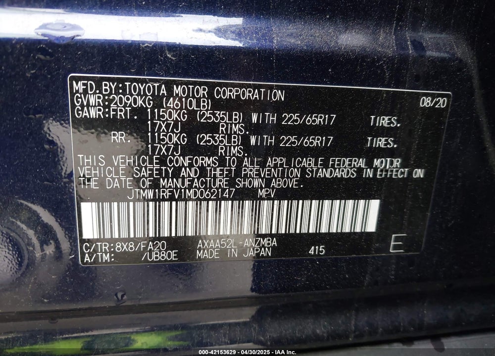 2021 TOYOTA RAV4 XLE VIN: JTMW1RFV1MD062147