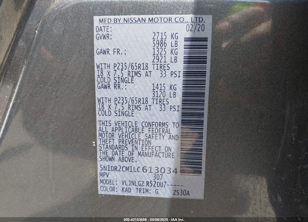 2020 NISSAN PATHFINDER VIN: 5N1DR2CM1LC613034