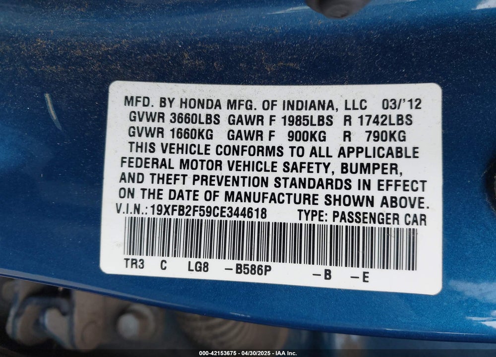 2012 HONDA CIVIC LX VIN: 19XFB2F59CE344618