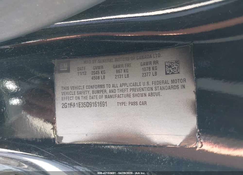 2013 CHEVROLET CAMARO VIN: 2G1FA1E35D9161691