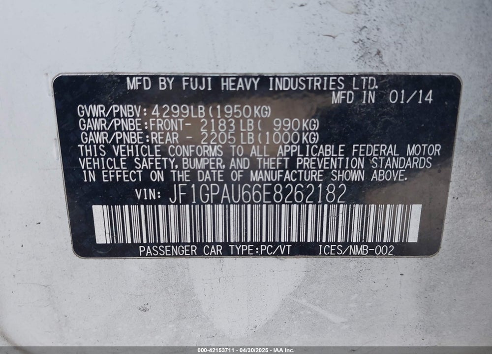 2014 SUBARU IMPREZA 2.0I SPORT LIMITED VIN: JF1GPAU66E8262182