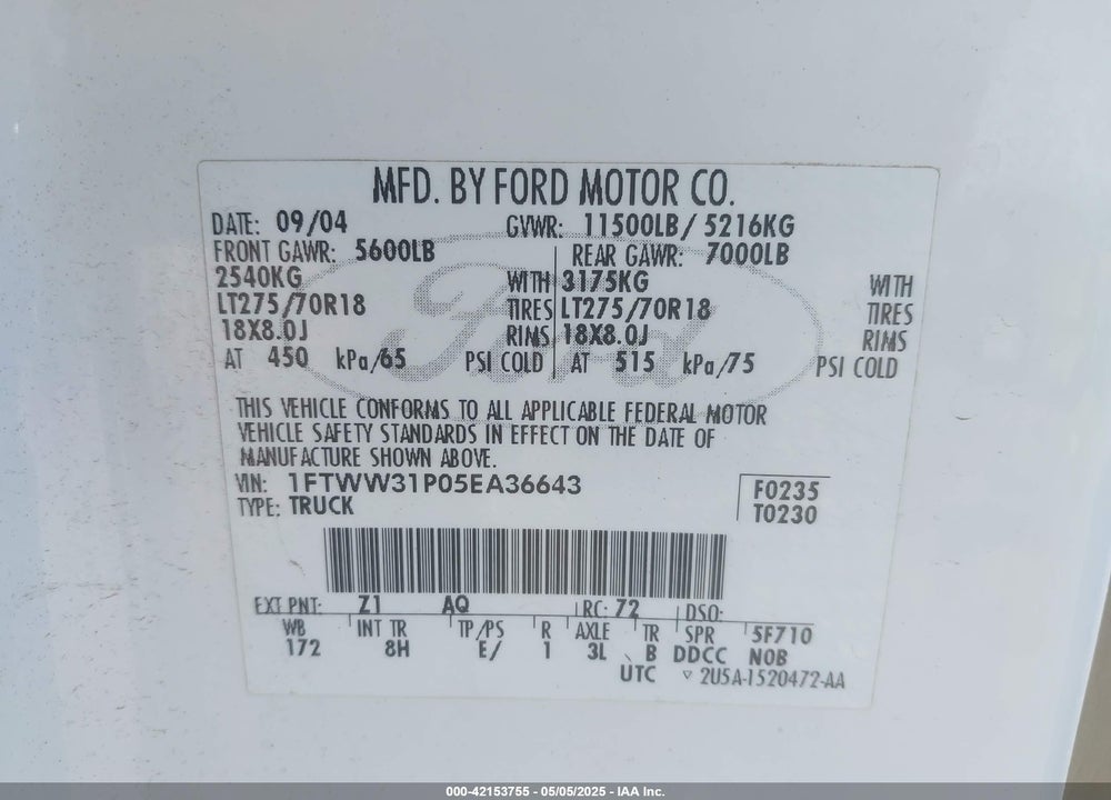 2005 FORD F-350 LARIAT/XL/XLT VIN: 1FTWW31P05EA36643
