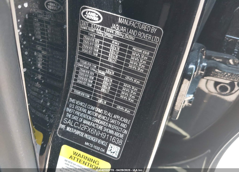 2022 LAND ROVER DISCOVERY SPORT VIN: SALCJ2FX6NH911638