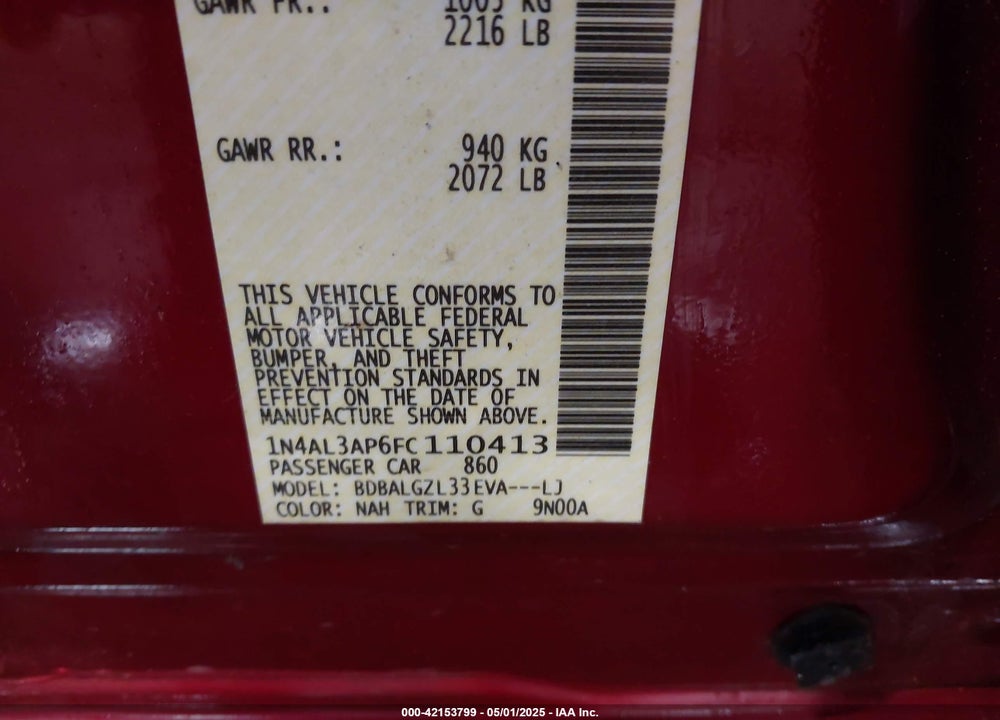 2015 NISSAN ALTIMA 2.5 S VIN: 1N4AL3AP6FC110413