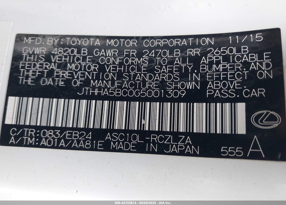 2016 LEXUS RC 200T VIN: JTHHA5BC0G5001309
