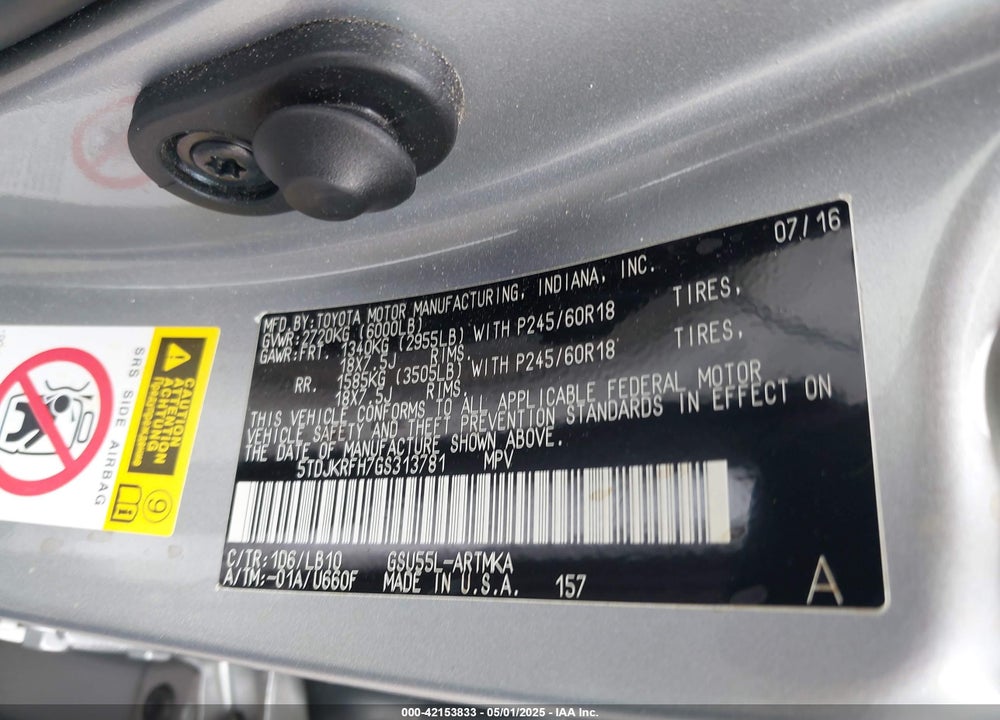 2016 TOYOTA HIGHLANDER XLE V6 VIN: 5TDJKRFH7GS313781