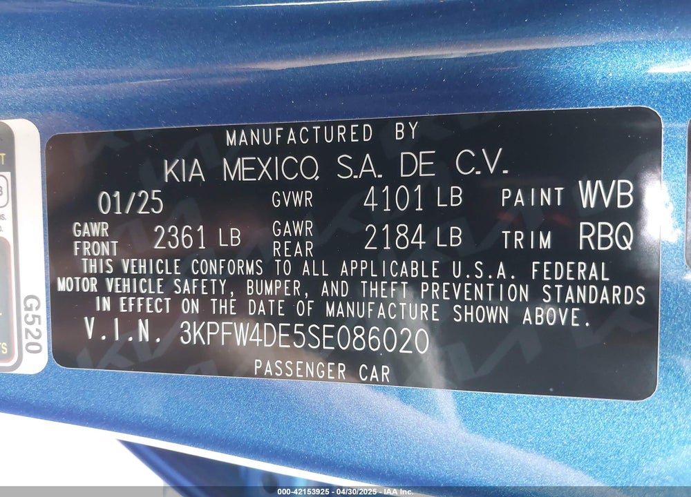 2025 KIA K4 GT-LINE VIN: 3KPFW4DE5SE086020