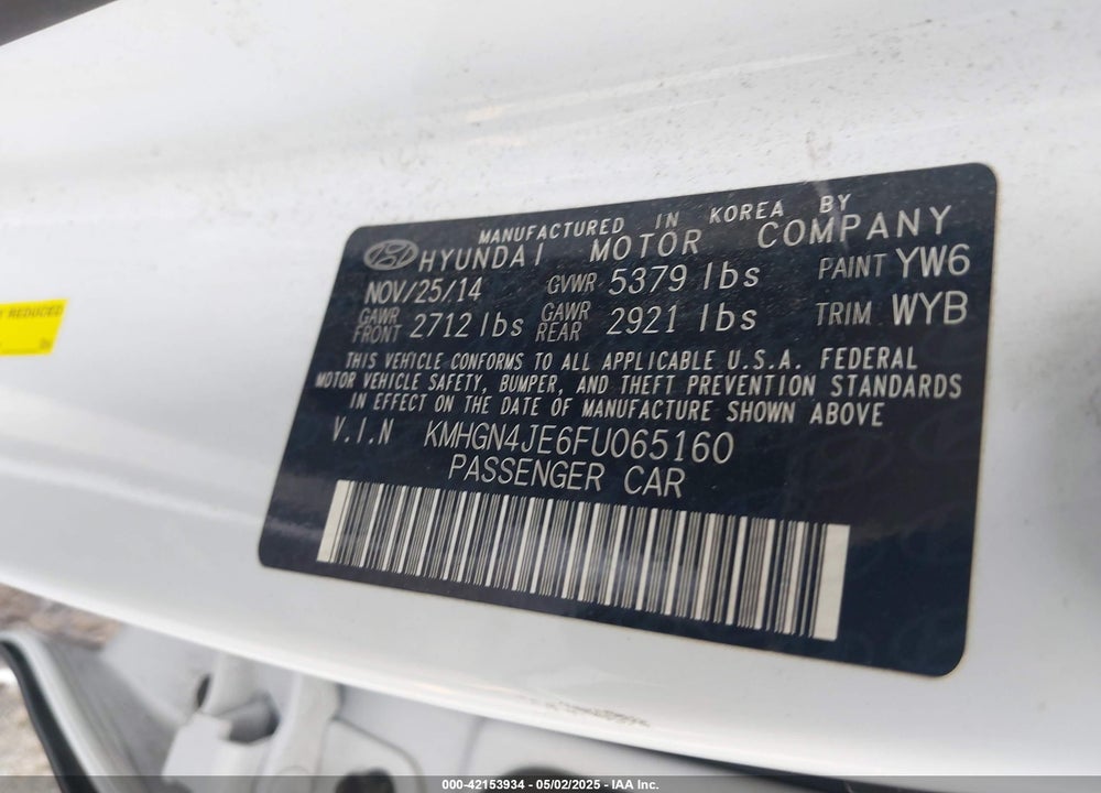 2015 HYUNDAI GENESIS 3.8 VIN: KMHGN4JE6FU065160