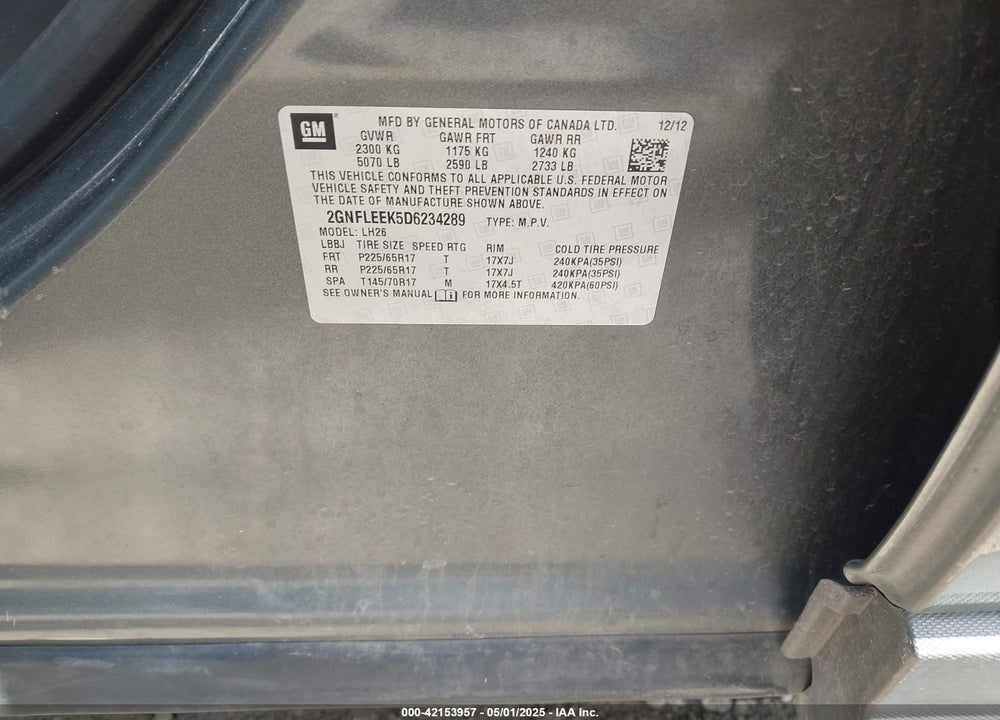 2013 CHEVROLET EQUINOX 1LT VIN: 2GNFLEEK5D6234289