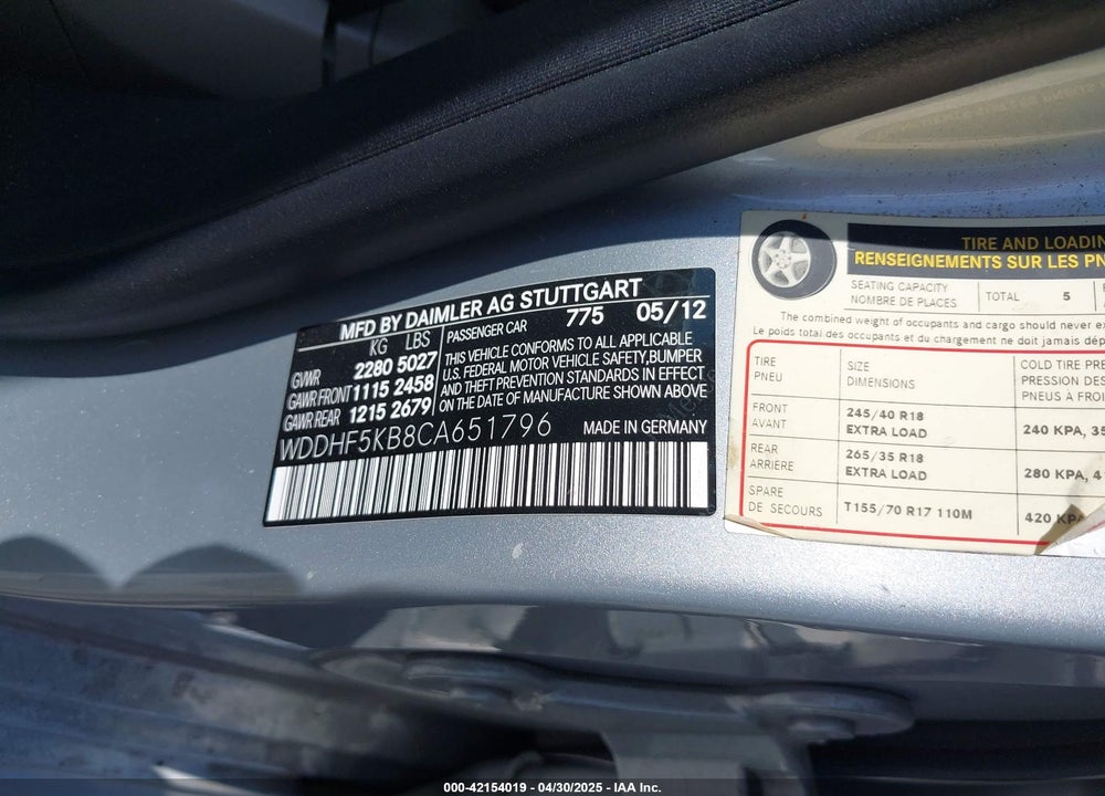 2012 MERCEDES-BENZ E-CLASS VIN: WDDHF5KB8CA651796