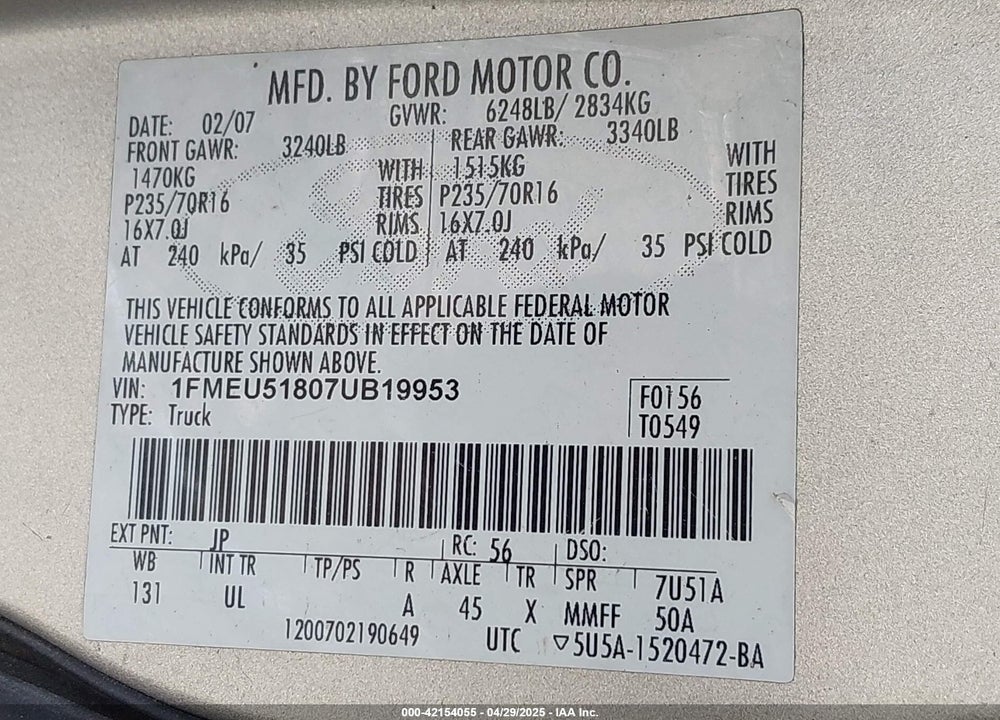 2007 FORD EXPLORER SPORT TRAC VIN: 1FMEU51807UB19953