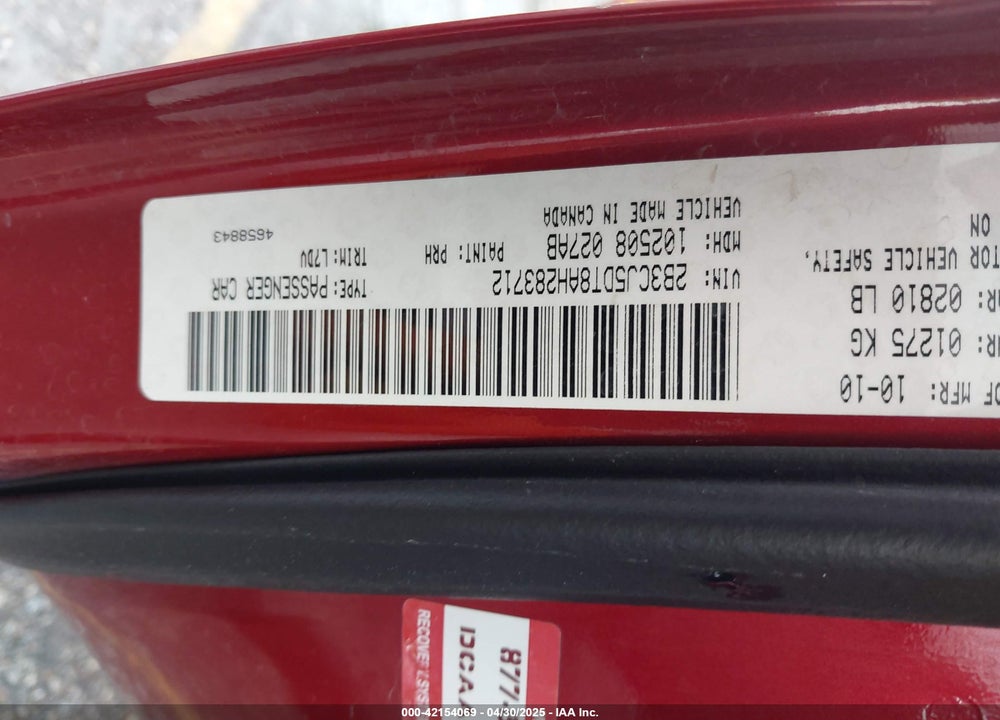2010 DODGE CHALLENGER R/T VIN: 2B3CJ5DT8AH283712