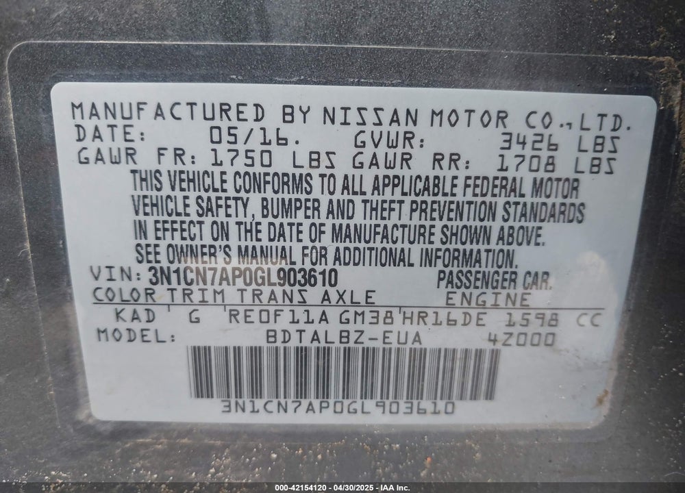 2016 NISSAN VERSA VIN: 3N1CN7AP0GL903610