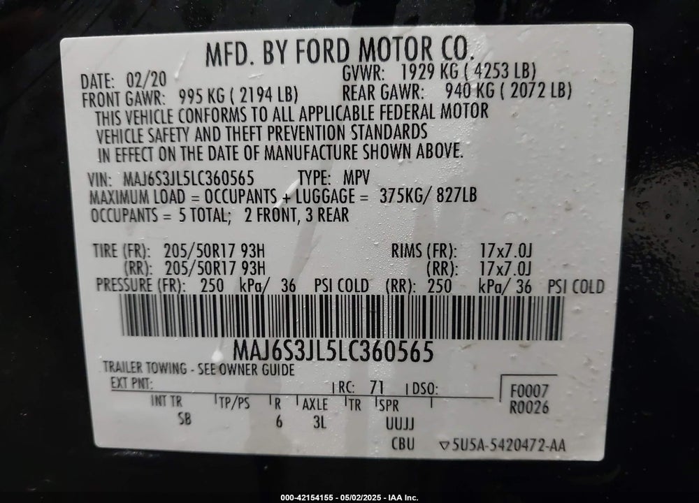 2020 FORD ECOSPORT SES VIN: MAJ6S3JL5LC360565