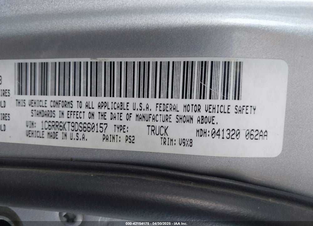 2013 RAM 1500 VIN: 1C6RR6KT9DS660157
