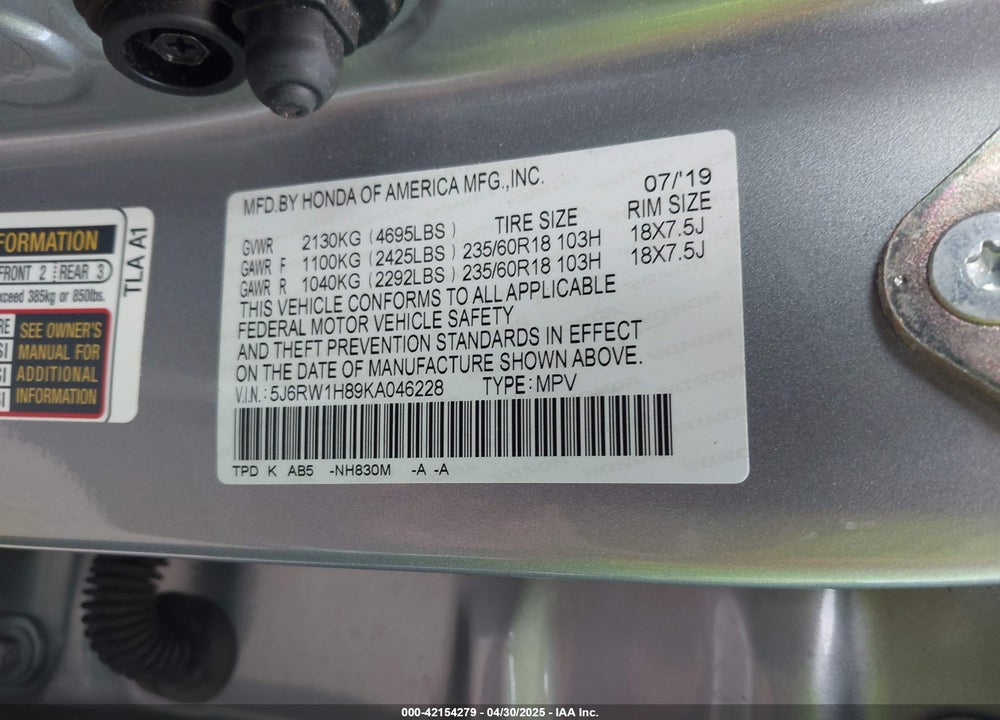 2019 HONDA CR-V EXL VIN: 5J6RW1H89KA046228