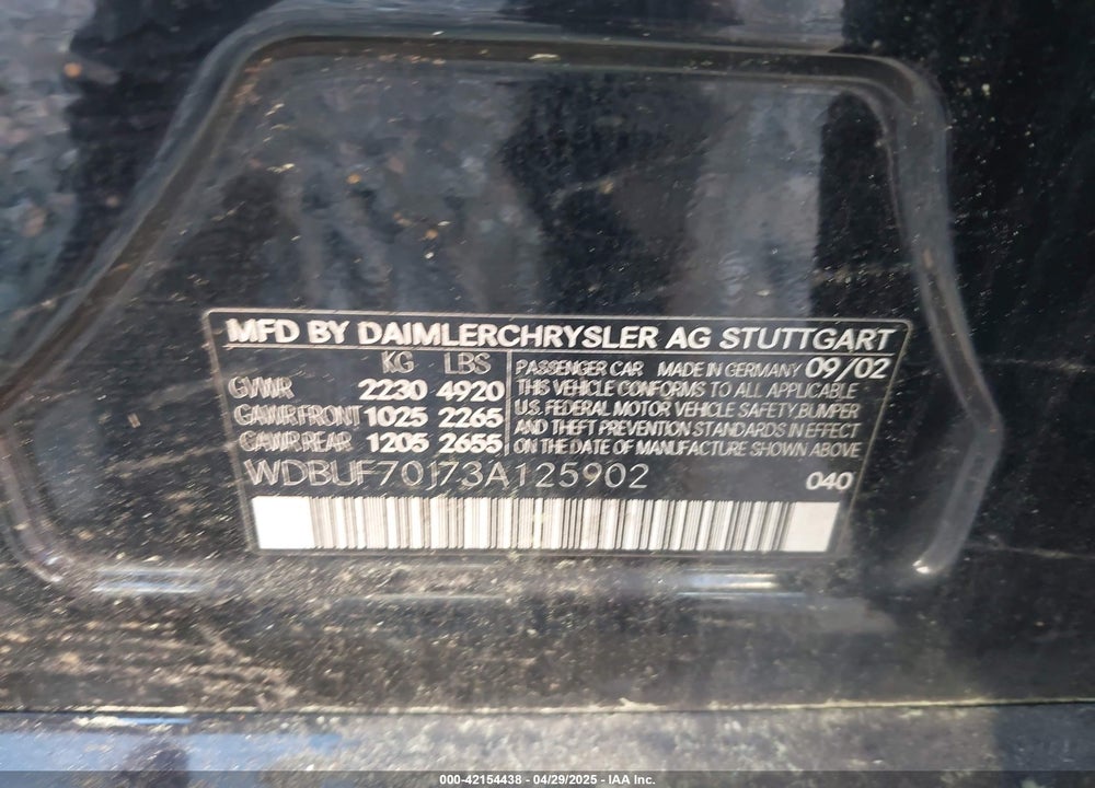 2003 MERCEDES-BENZ E 500 VIN: WDBUF70J73A125902