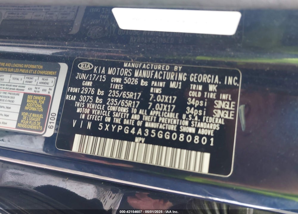2016 KIA SORENTO 2.4L LX VIN: 5XYPG4A35GG080801