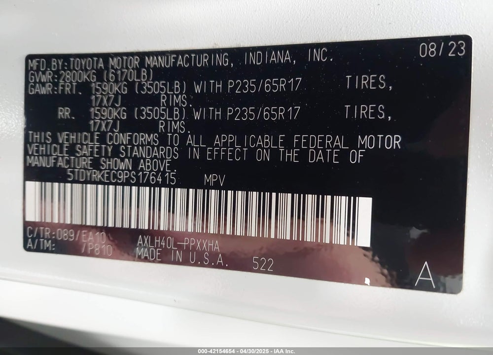2023 TOYOTA SIENNA XLE VIN: 5TDYRKEC9PS176415