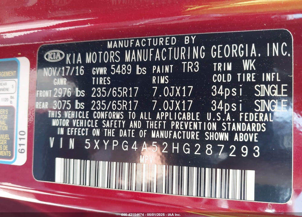 2017 KIA SORENTO VIN: 5XYPG4A52HG287293