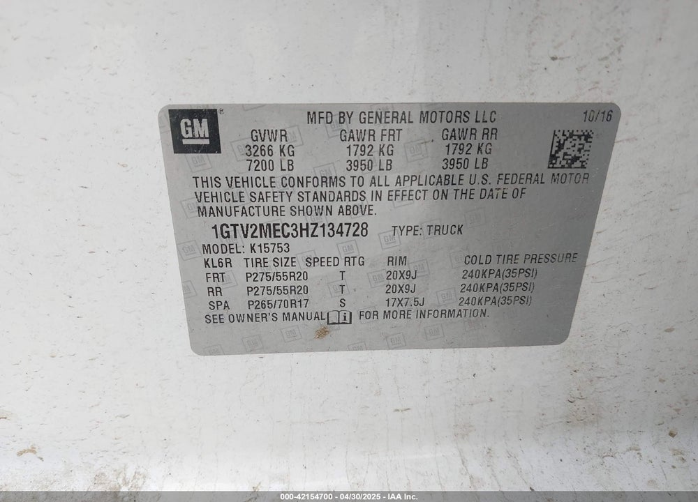 2017 GMC SIERRA 1500 VIN: 1GTV2MEC3HZ134728