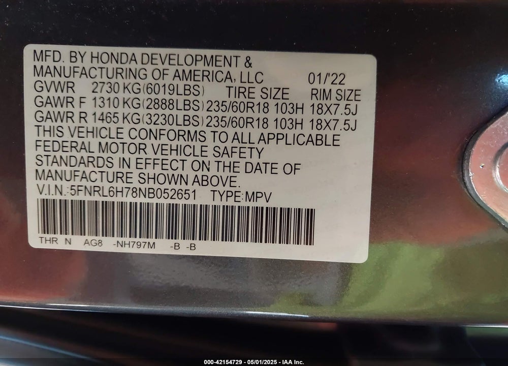2022 HONDA ODYSSEY VIN: 5FNRL6H78NB052651