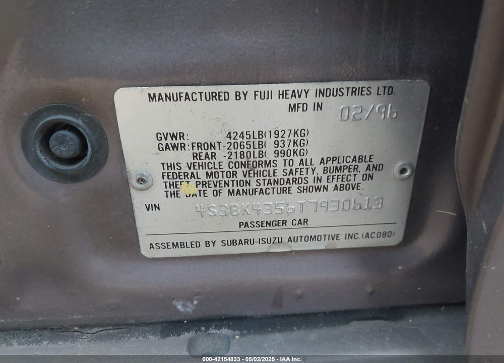 1996 SUBARU LEGACY L VIN: 4S3BK4356T7930613