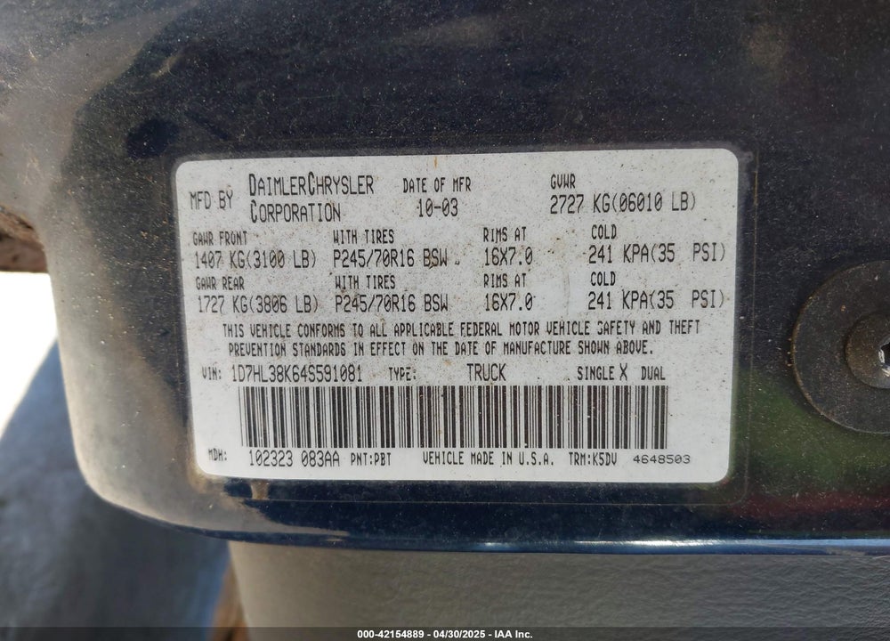 2004 DODGE DAKOTA SPORT/SXT VIN: 1D7HL38K64S591081
