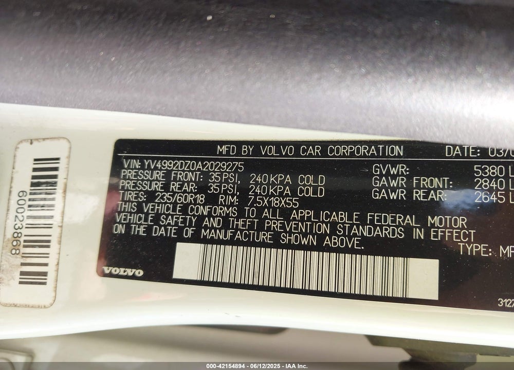 2010 VOLVO XC60 VIN: YV4992DZ0A2029275
