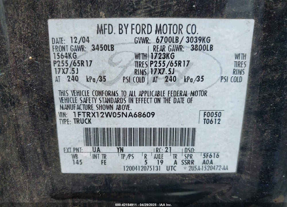 2005 FORD F-150 STX/XL/XLT VIN: 1FTRX12W05NA68609