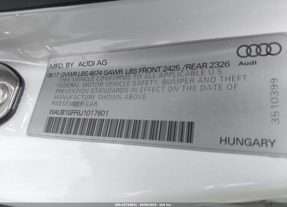 2018 AUDI S3 2.0T PREMIUM PLUS/2.0T TECH PREMIUM PLUS VIN: WAUB1GFF6J1017601