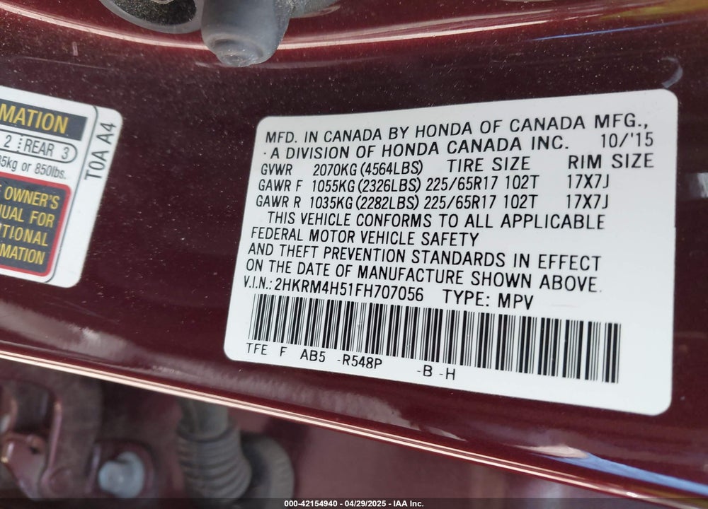 2015 HONDA CR-V EX VIN: 2HKRM4H51FH707056