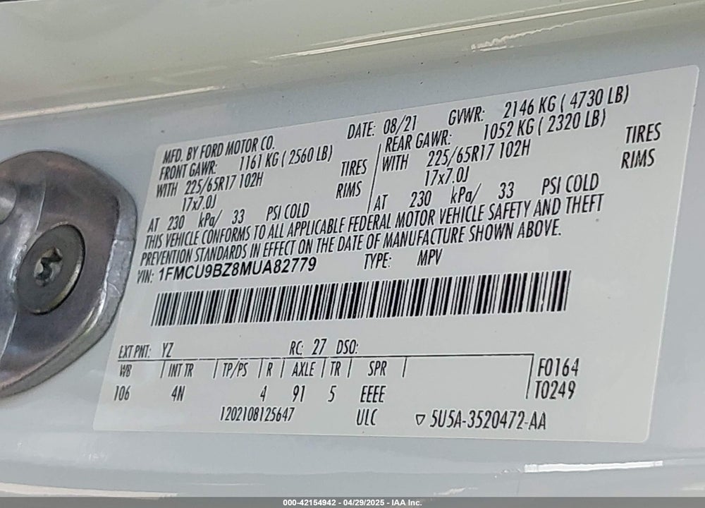 2021 FORD ESCAPE VIN: 1FMCU9BZ8MUA82779
