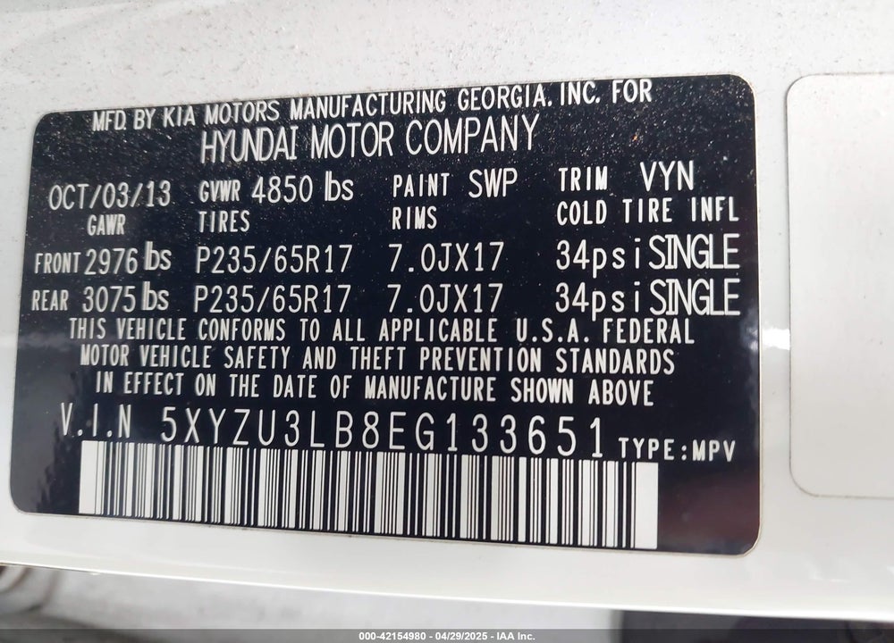 2014 HYUNDAI SANTA FE SPORT VIN: 5XYZU3LB8EG133651