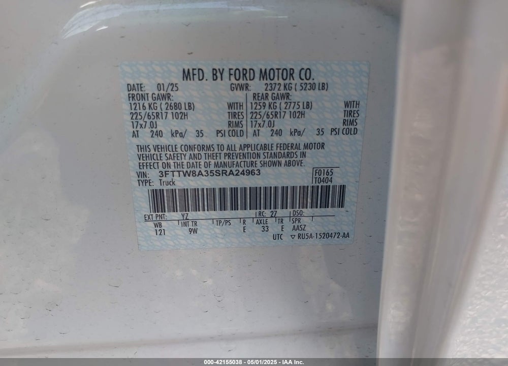 2025 FORD MAVERICK VIN: 3FTTW8A35SRA24963