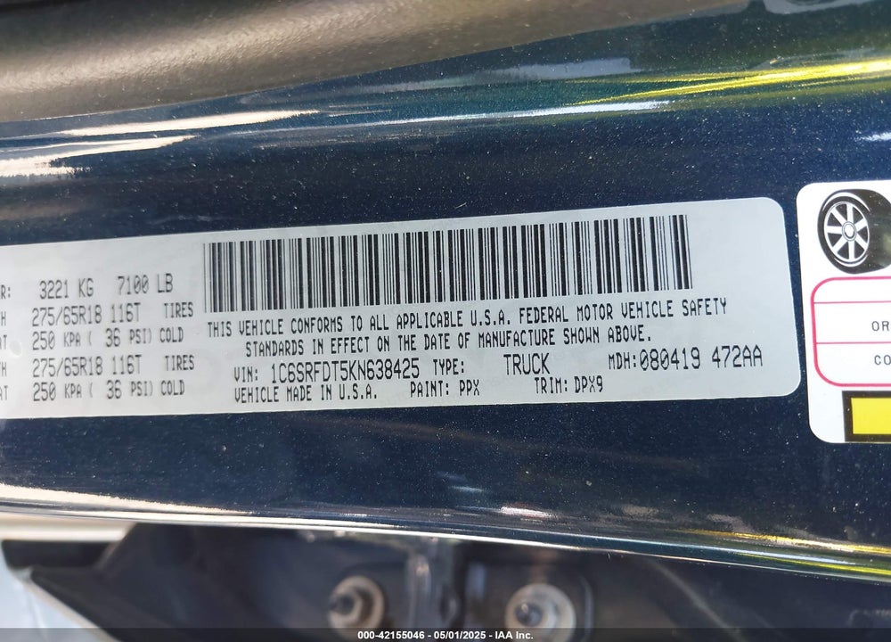2019 RAM 1500 VIN: 1C6SRFDT5KN638425