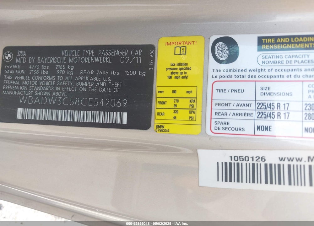 2012 BMW 328I VIN: WBADW3C58CE542069
