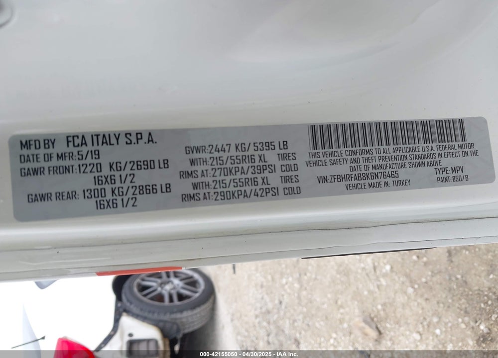 2019 RAM PROMASTER CITY TRADESMAN VIN: ZFBHRFAB8K6N76465
